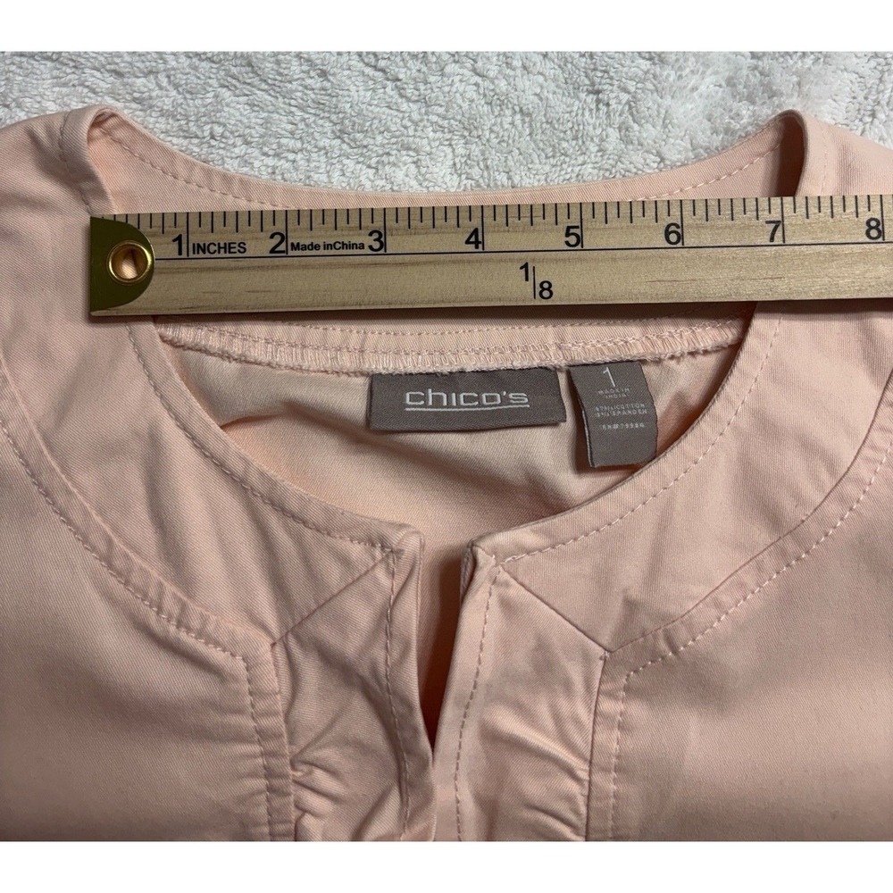 Chico's Jacket Size 1 Peach Pink Ruffle Trim Open Front 3/4 Sleeve Twill Blazer - Picture 9 of 11